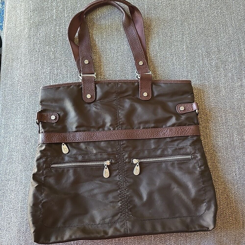 Baggallini Elena Travel Tote Bag Luggage Brown Nylon Leather Trim Carry On Gym